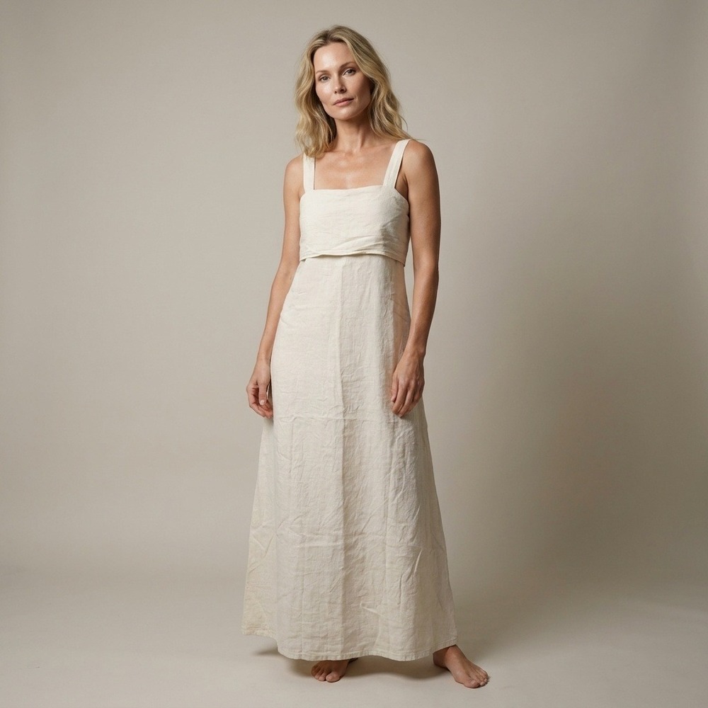 FILOSOFIA Women Cream 100% Linen Square Neck Tie Back Maxi Dress Made in USA S